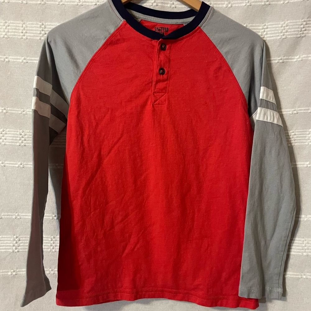 Kids Long-Sleeve Henley Shirt - Red with Gray Raglan Sleeves